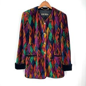 ✨Stunning Vtg Escada Velvet Argyle Jacket L Luxe Rich Jester Multicolored Artsy